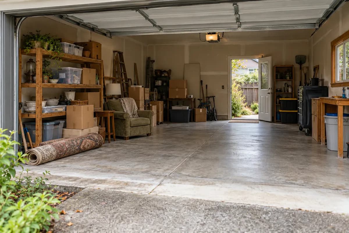 An illustration of a garage with household belongings sorted beside a cleared floor