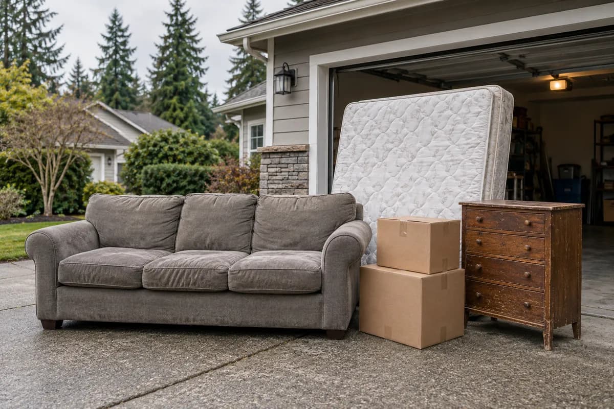 An illustration of a sofa, mattress, dresser and boxes grouped on a driveway for removal